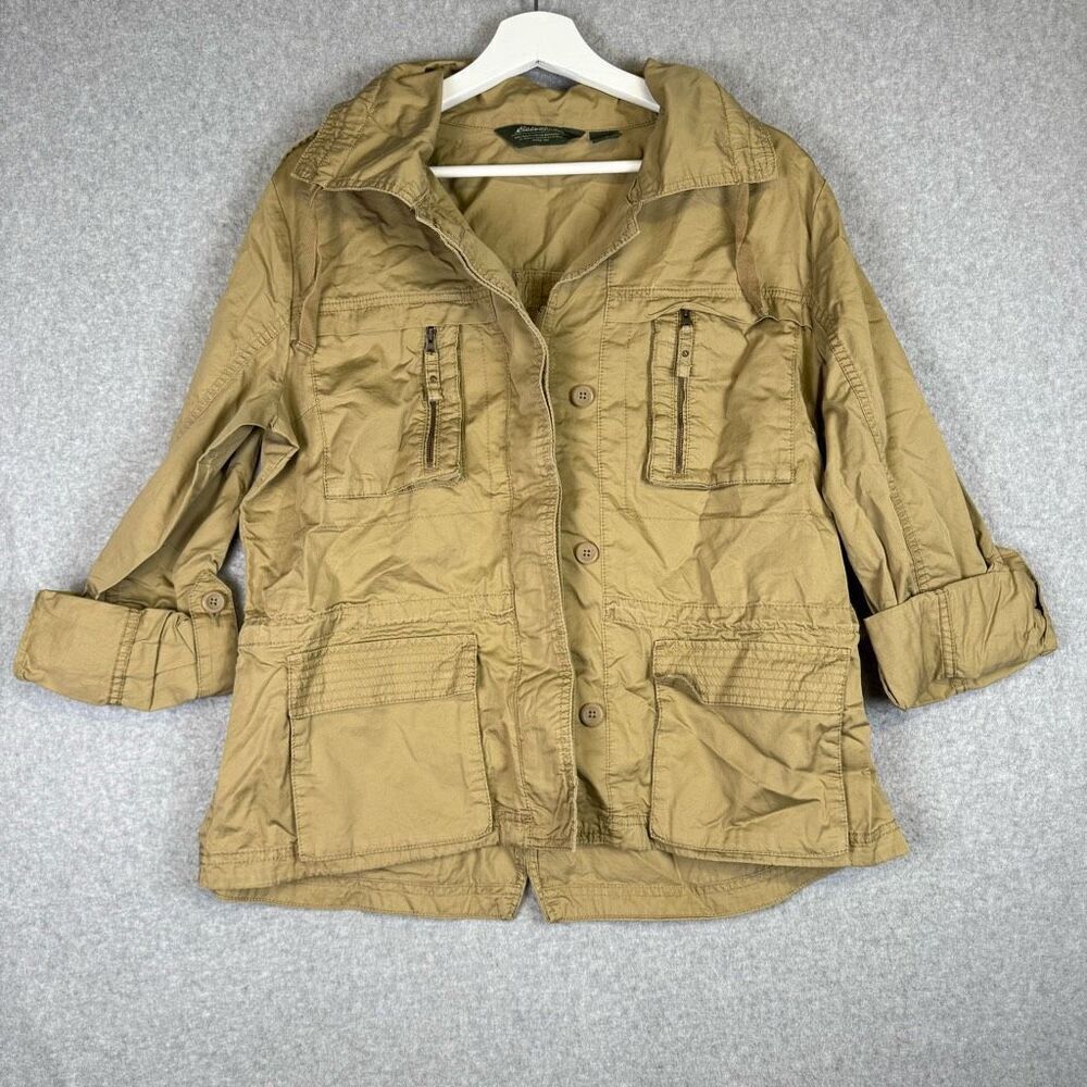 Eddie Bauer Women's Large Tan Button Down Utility Jacket Pockets 100% Cotton